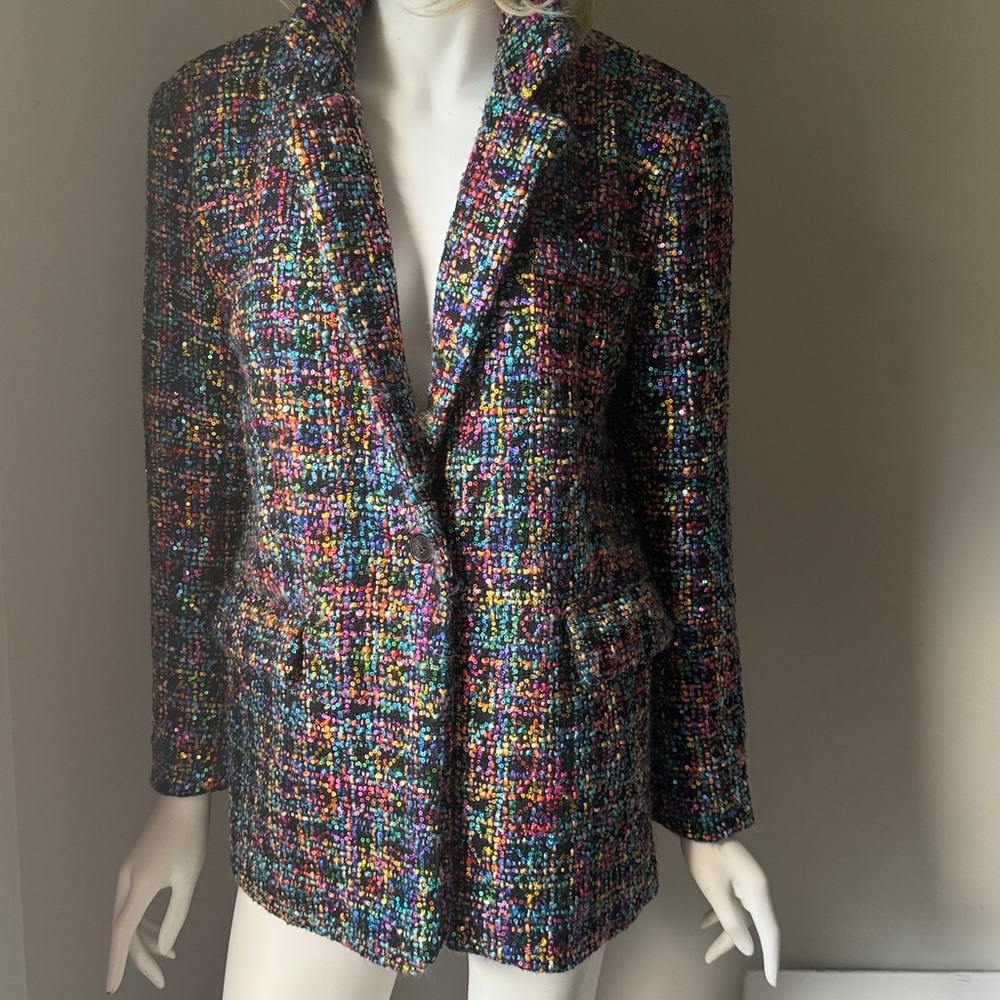 Blank NYC Multicolored Sequin Tweed Blazer Small Bling sparkly maximalist